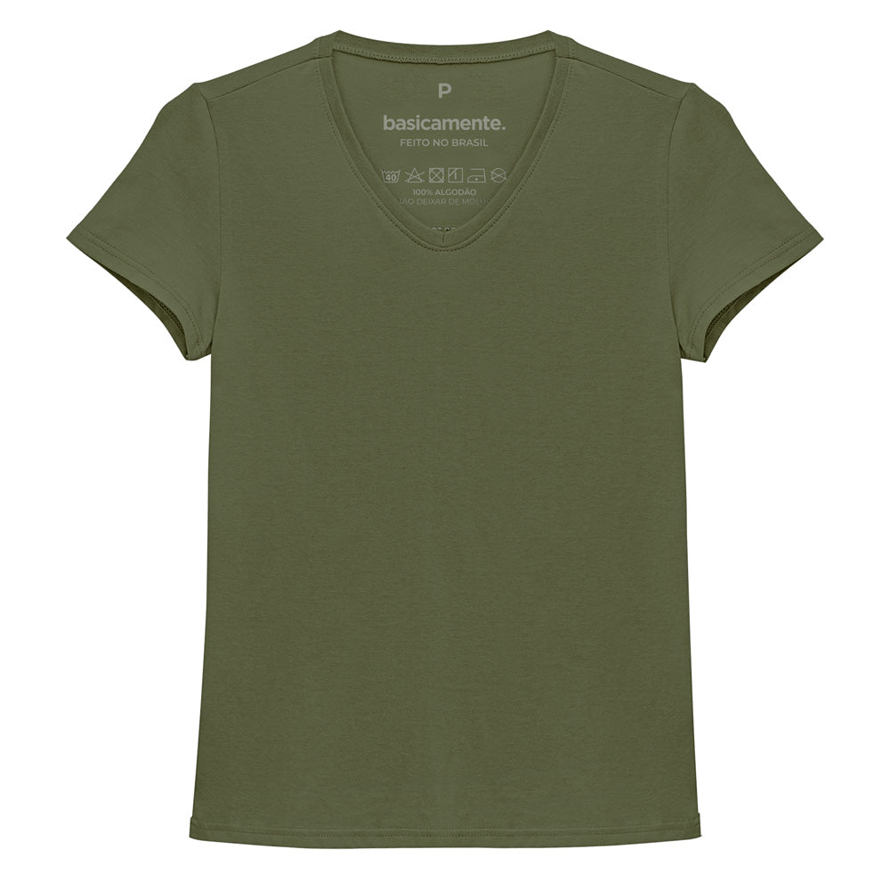 Camiseta Slim Gola V Feminina - Verde Militar