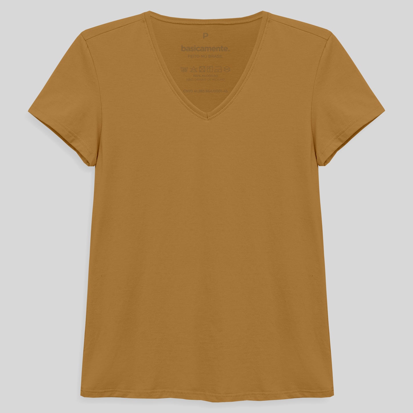 Camiseta Slim Gola V Feminina - Ocre