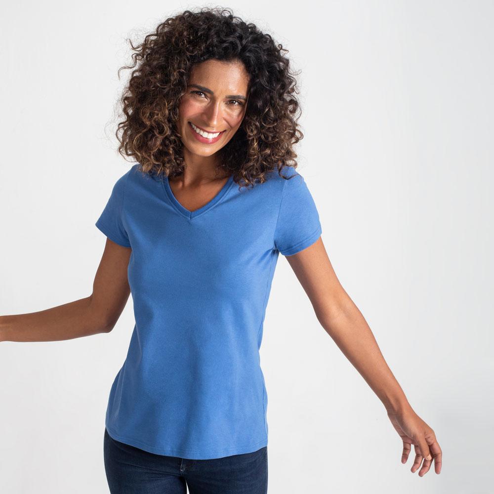 Camiseta Slim Gola V Feminina - Azul Oceano