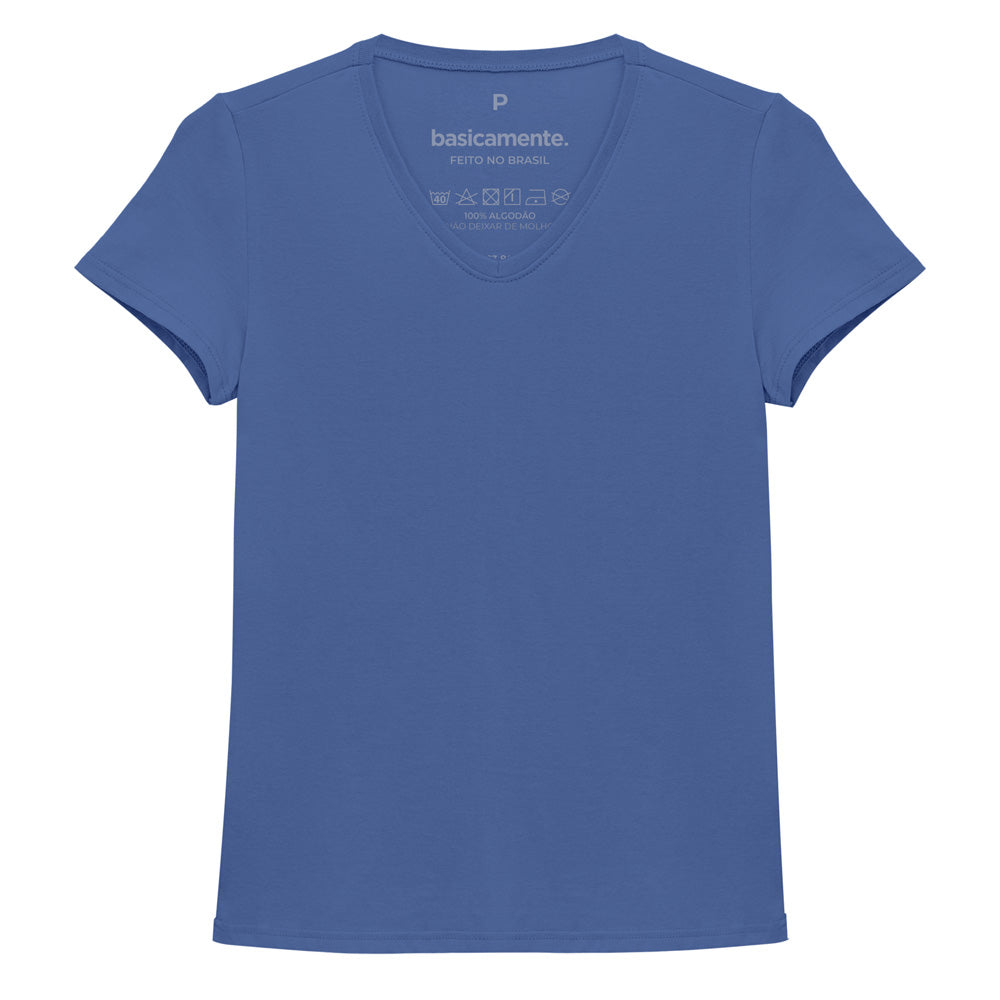 Camiseta Slim Gola V Feminina - Azul Oceano