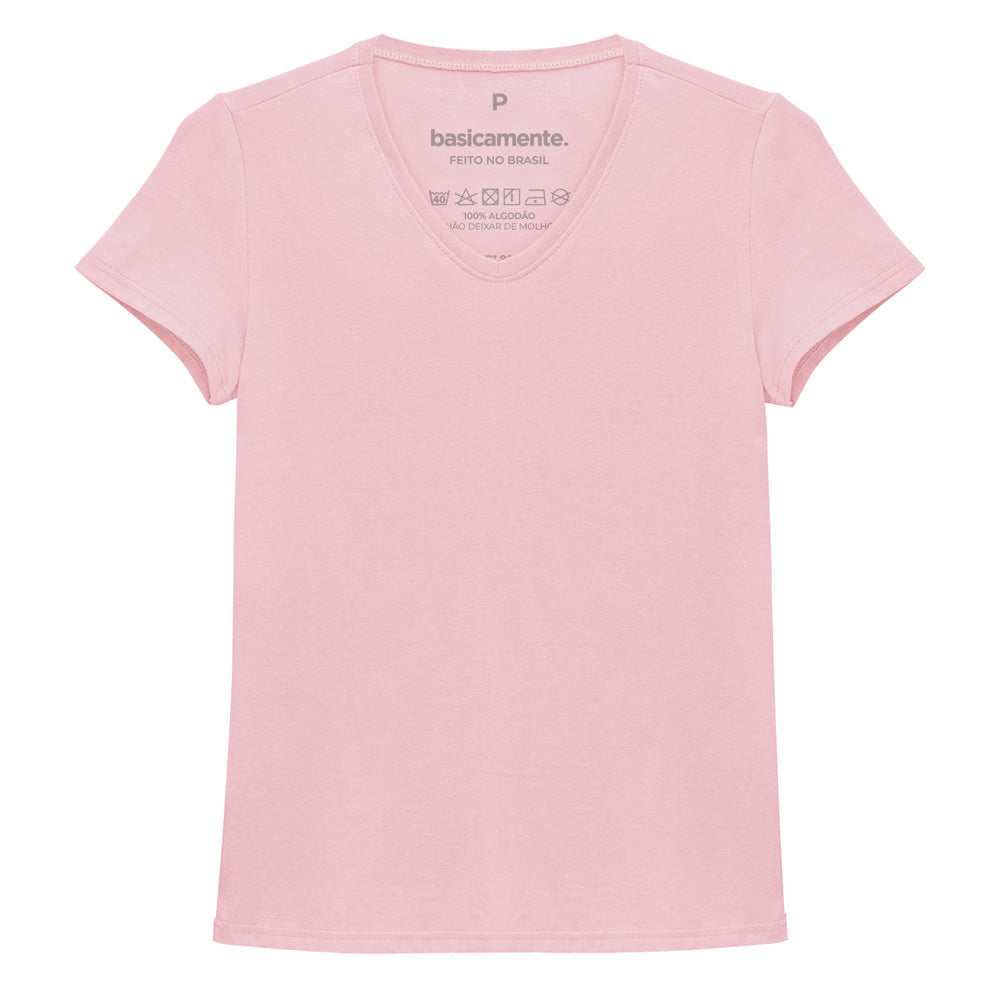 Camiseta Slim Gola V Feminina - Rosa Orquídea