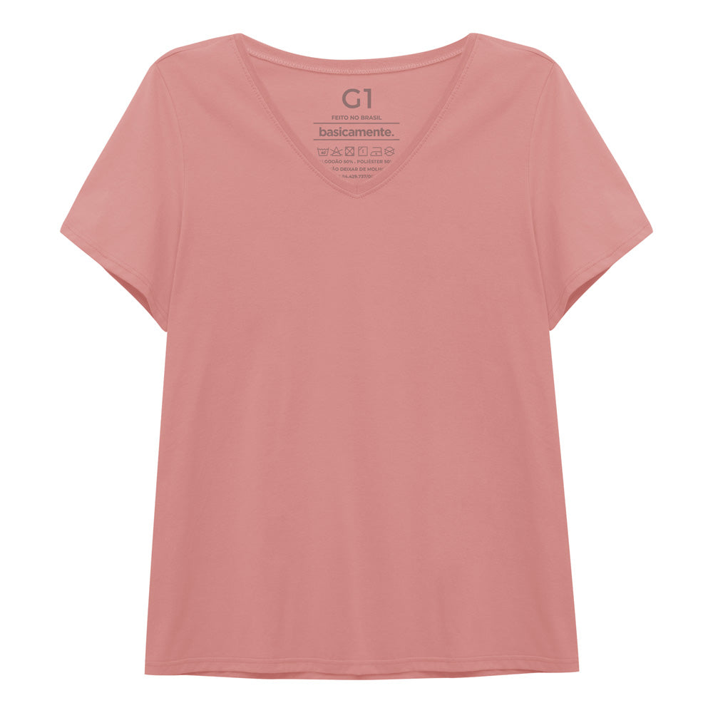 Camiseta Babylook Algodão Premium Gola V Plus Feminina - Rose