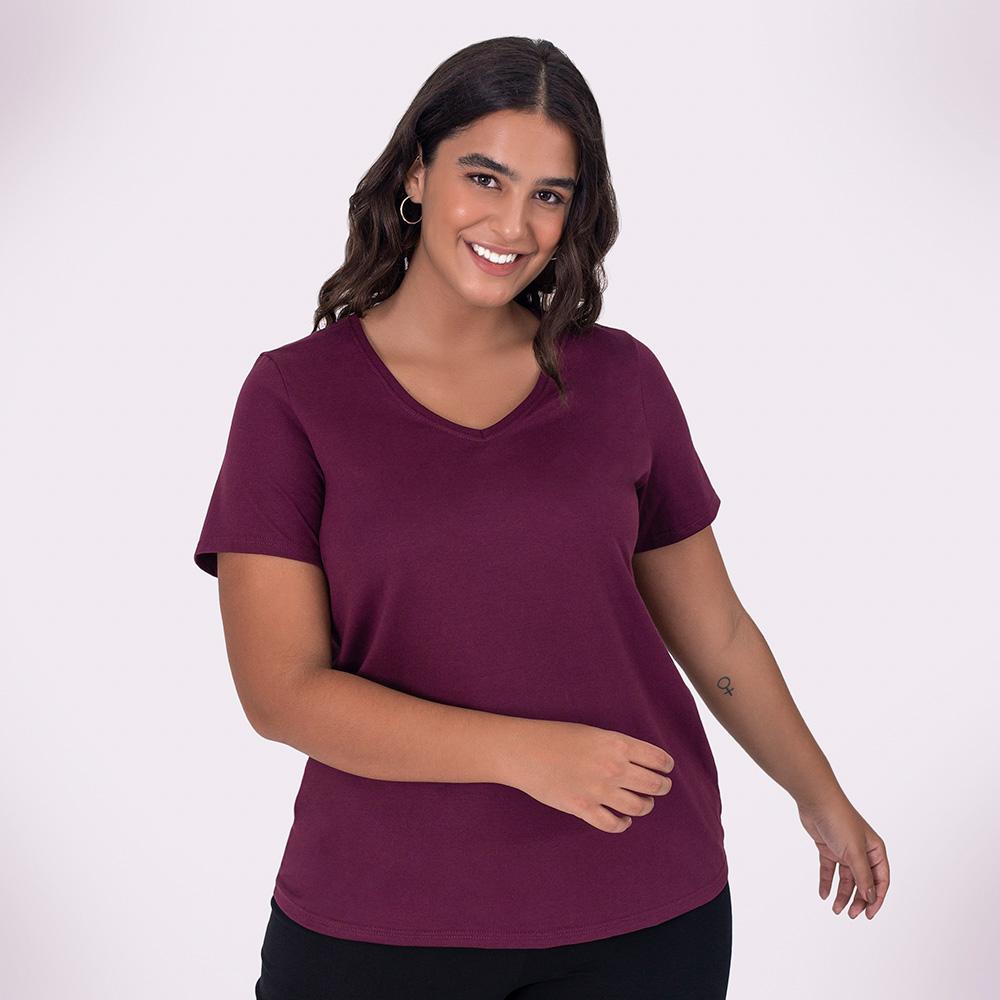 Camiseta Babylook Algodão Premium Gola V Plus Feminina - Wine