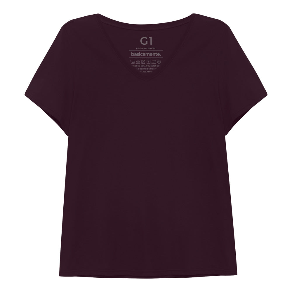 Camiseta Babylook Algodão Premium Gola V Plus Feminina - Wine