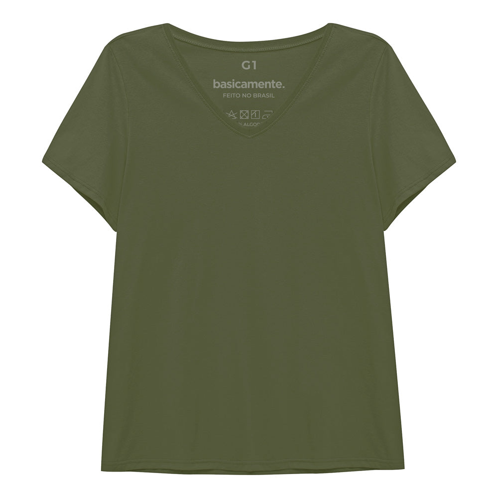 Camiseta Babylook Algodão Premium Gola V Plus Feminina - Verde Militar