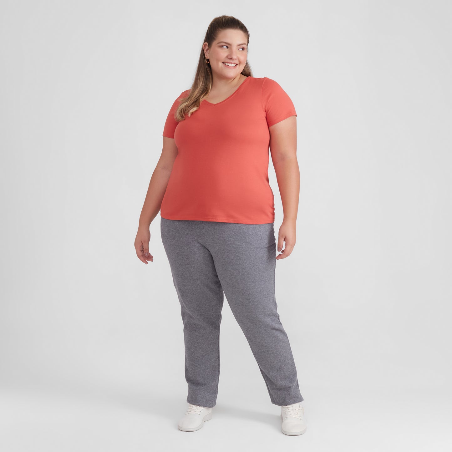 Camiseta Babylook Algodão Premium Gola V Plus Feminina - Laranja Coral