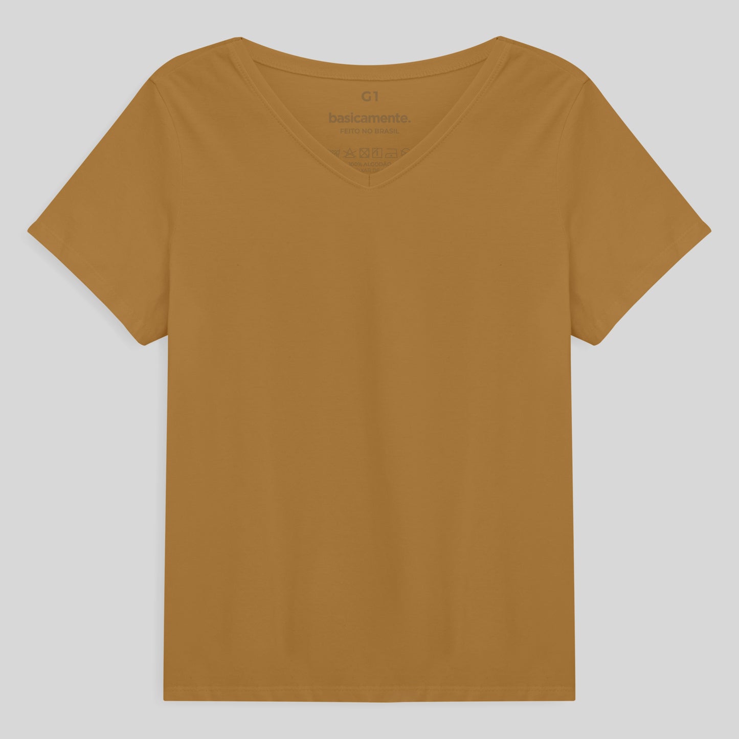 Camiseta Babylook Algodão Premium Gola V Plus Feminina - Ocre