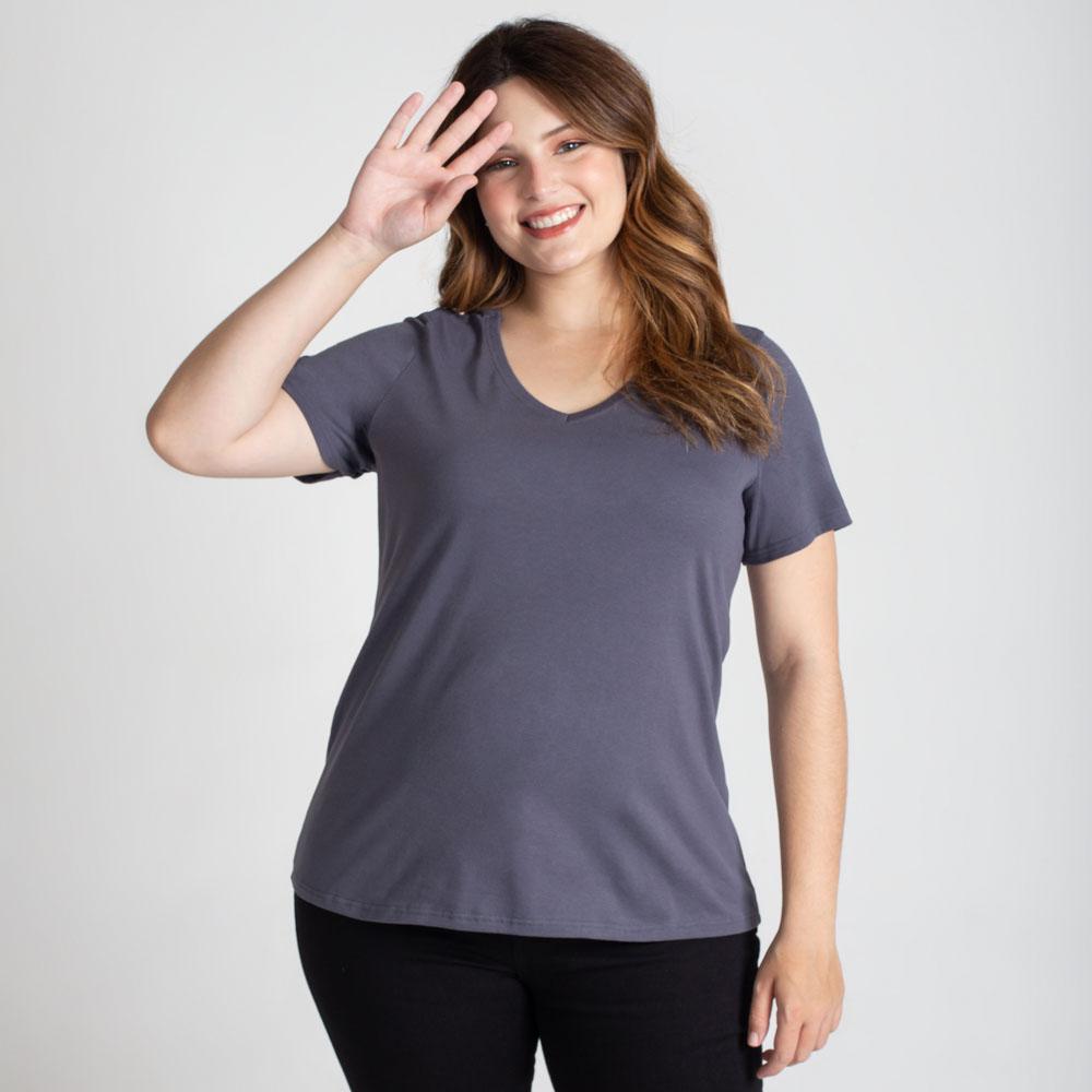 Camiseta Babylook Algodão Premium Gola V Plus Feminina - Chumbo