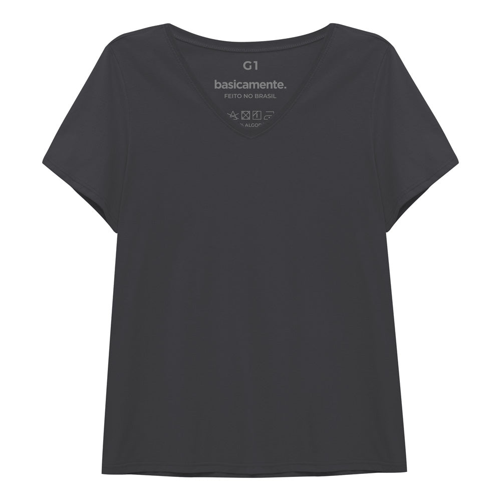Camiseta Babylook Algodão Premium Gola V Plus Feminina - Chumbo