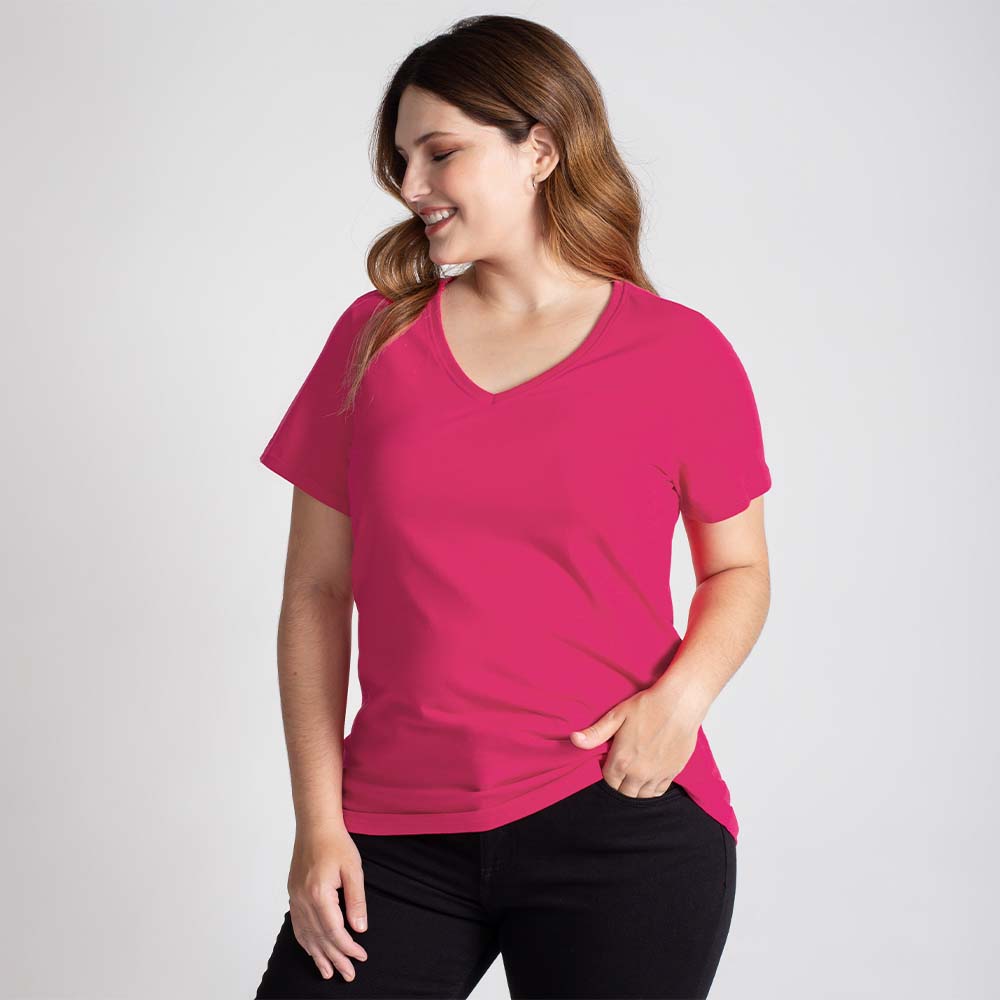 Camiseta Babylook Algodão Premium Gola V Plus Feminina - Pink