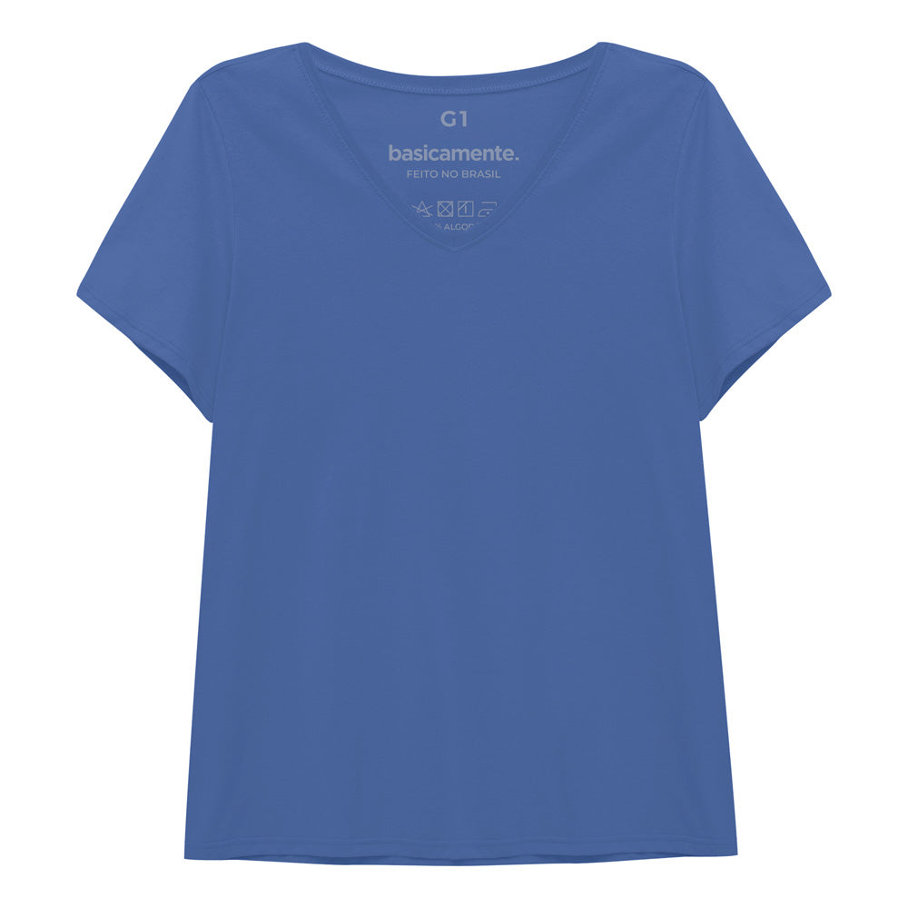 Camiseta Babylook Algodão Premium Gola V Plus Feminina - Azul Oceano