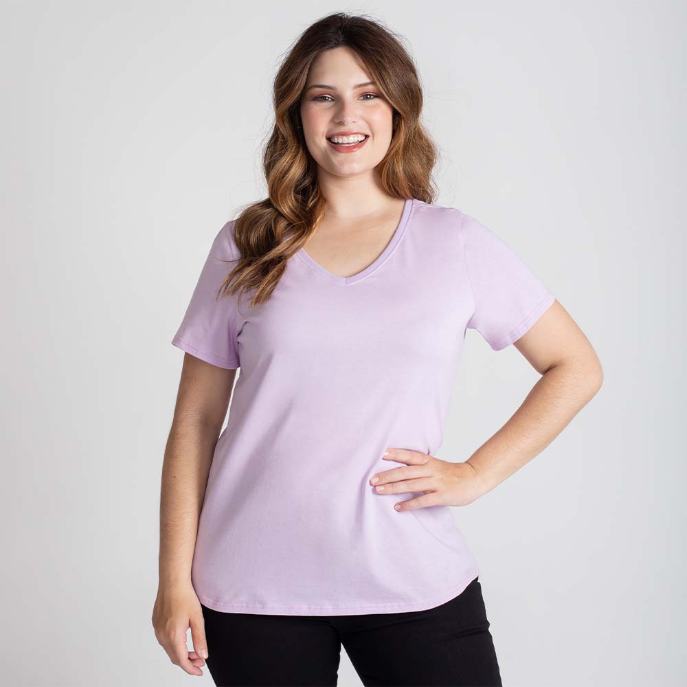 Camiseta Babylook Algodão Premium Gola V Plus Feminina - Lilás Lavanda