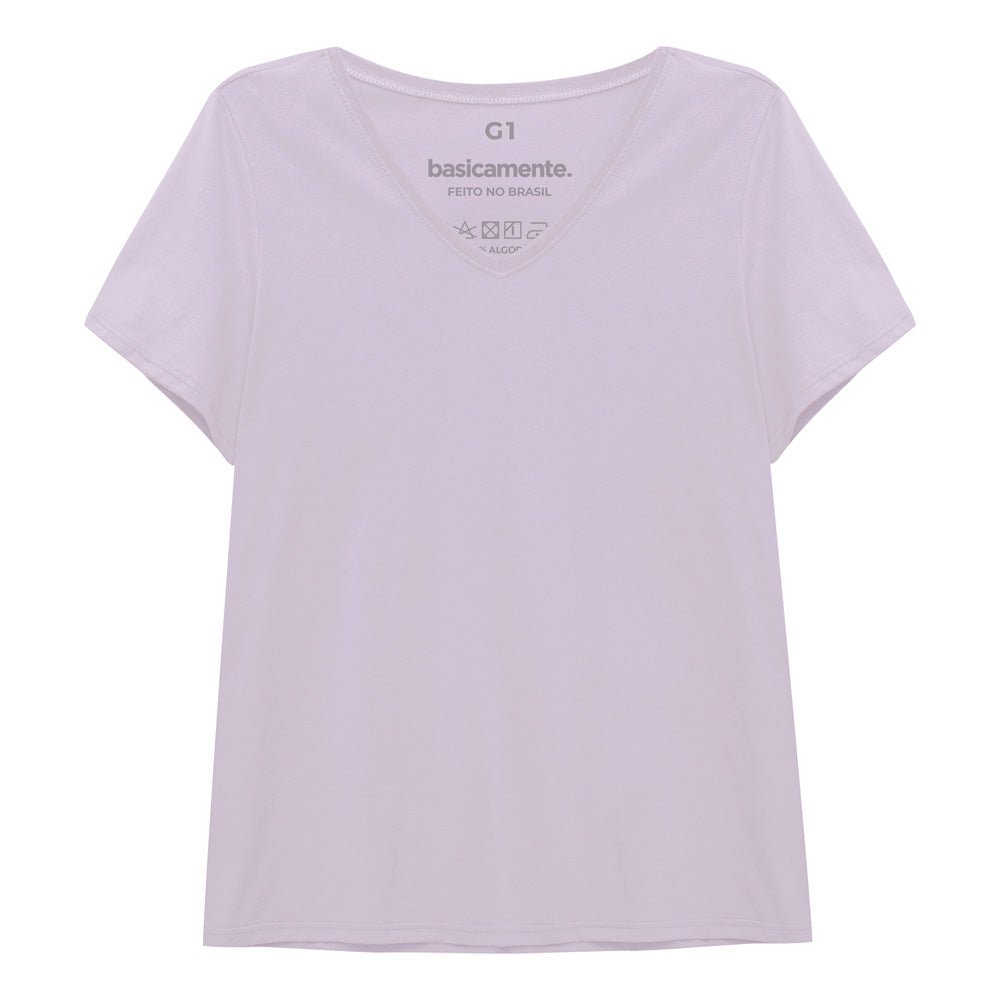 Camiseta Babylook Algodão Premium Gola V Plus Feminina - Lilás Lavanda