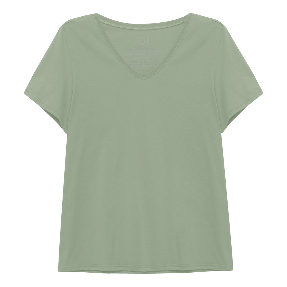 Camiseta Babylook Algodão Premium Gola V Plus Feminina - Verde Oliva