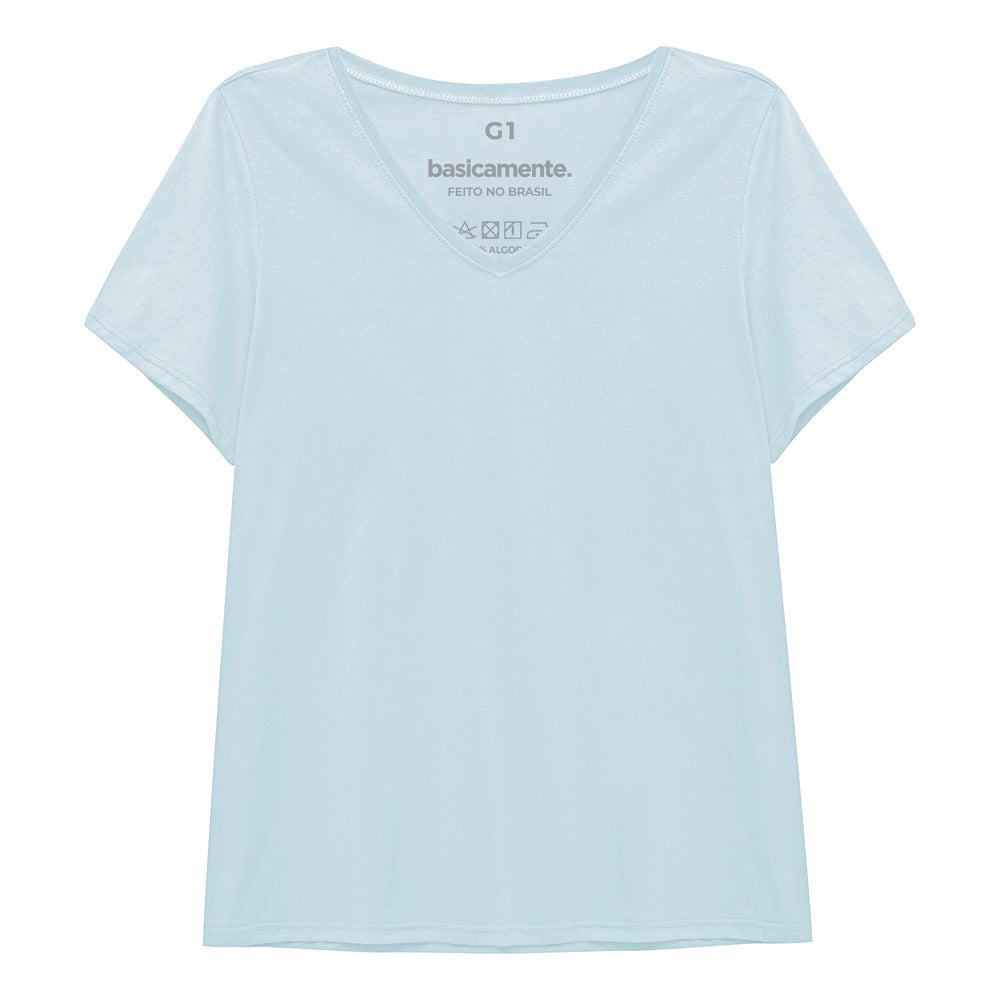 Camiseta Babylook Algodão Premium Gola V Plus Feminina - Azul Ceu
