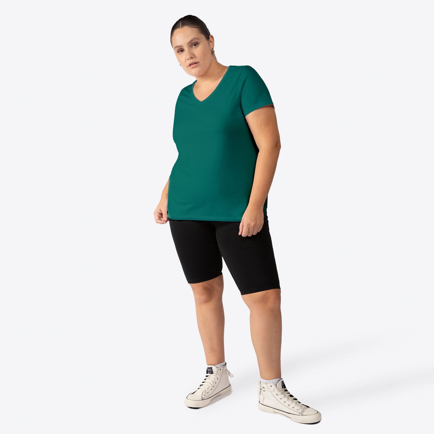 Camiseta Babylook Algodão Premium Gola V Plus Feminina - Verde Lago