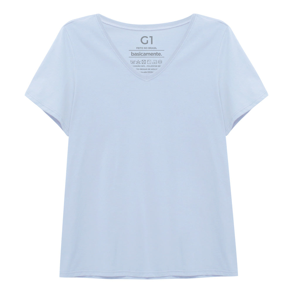 Camiseta Babylook Algodão Premium Gola V Plus Feminina - Azul Capri