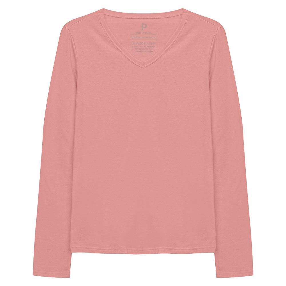 Camiseta Babylook Algodão Premium Manga Longa Gola V Feminina - Rose