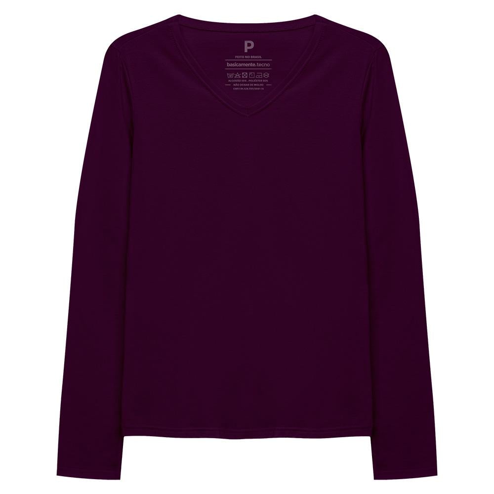 Camiseta Babylook Algodão Premium Manga Longa Gola V Feminina - Wine