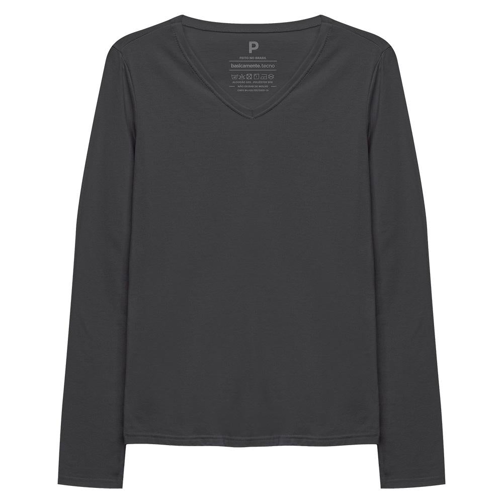 Camiseta Babylook Algodão Premium Manga Longa Gola V Feminina - Cinza Ardósia