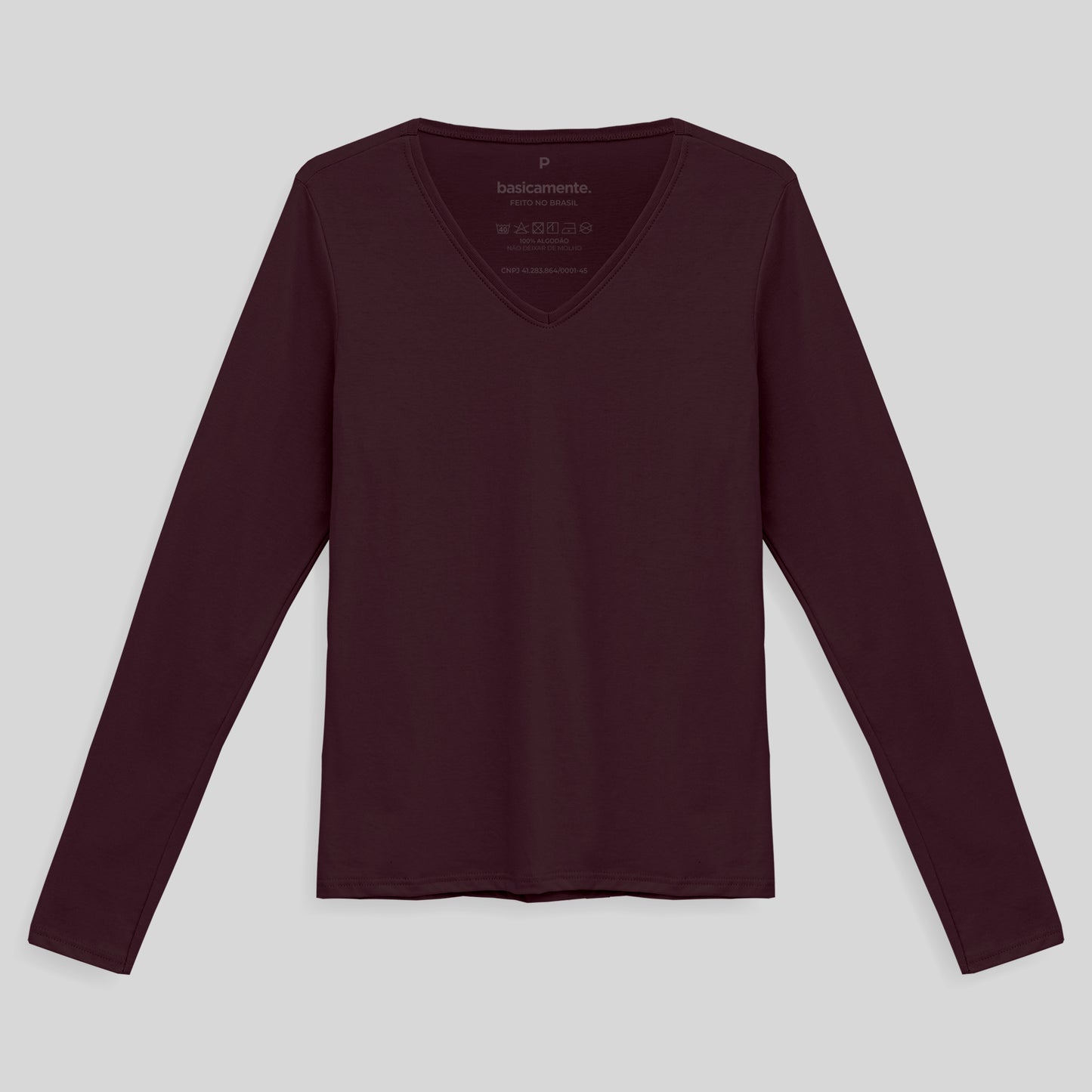 Camiseta Babylook Algodão Premium Manga Longa Gola V Feminina - Vermelho Vinho