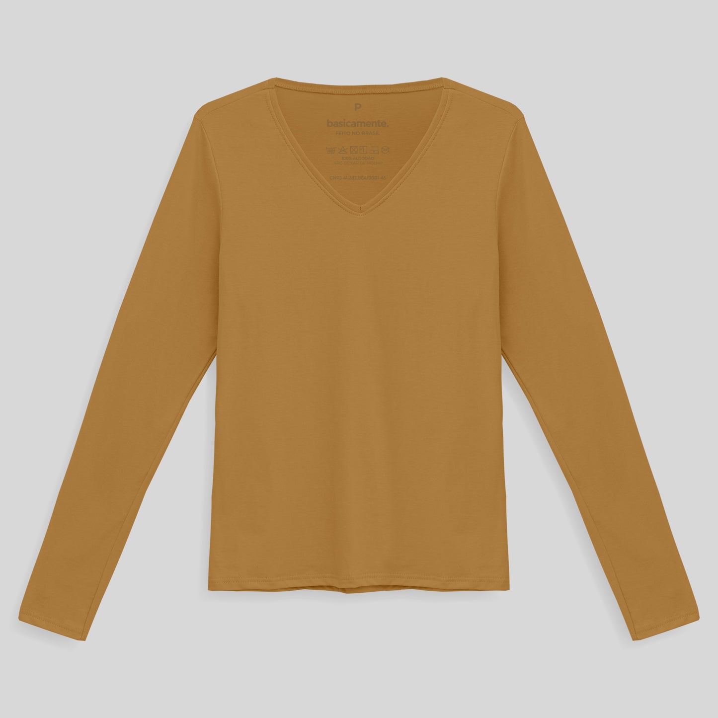 Camiseta Babylook Algodão Premium Manga Longa Gola V Feminina - Ocre