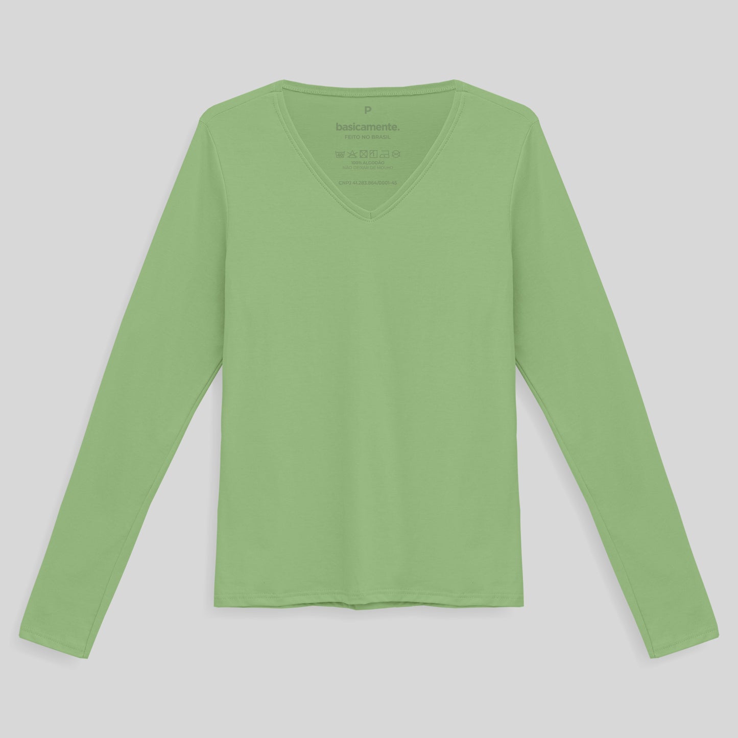 Camiseta Babylook Algodão Premium Manga Longa Gola V Feminina - Verde Jade