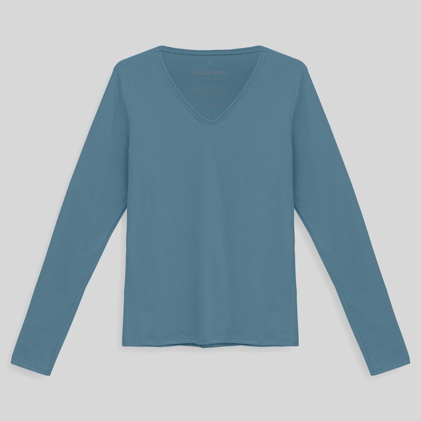 Camiseta Babylook Algodão Premium Manga Longa Gola V Feminina - Azul Celeste