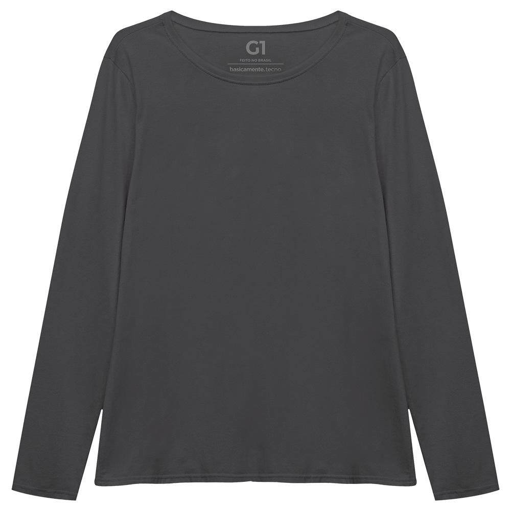 Camiseta Babylook Algodão Premium Manga Longa Gola C Plus Feminina - Cinza Ardósia