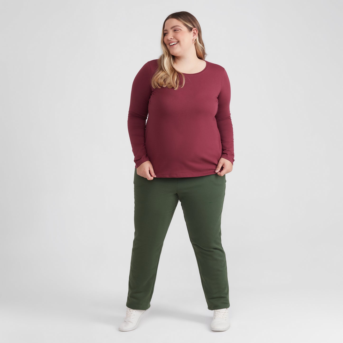 Camiseta Babylook Algodão Premium Manga Longa Gola C Plus Feminina - Vermelho Vinho