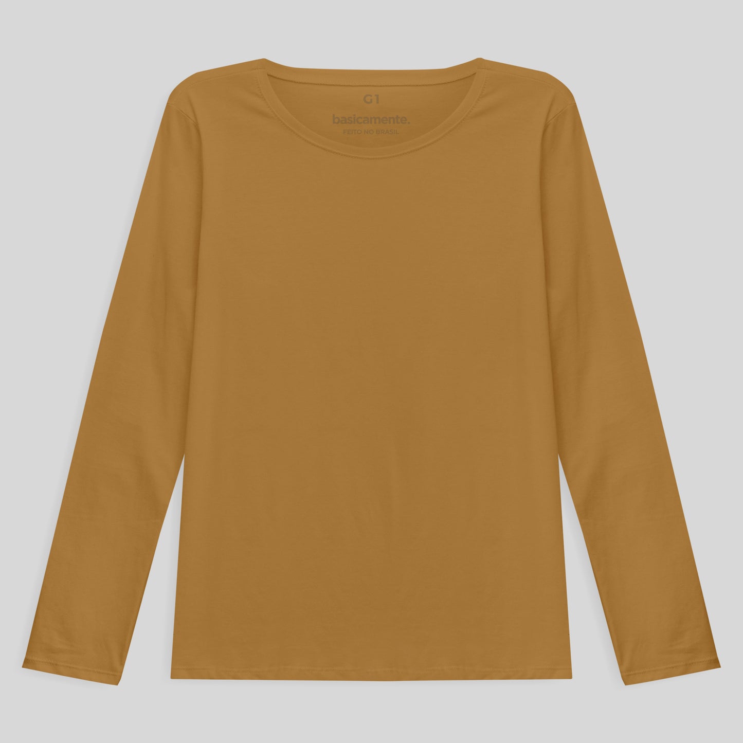Camiseta Babylook Algodão Premium Manga Longa Gola C Plus Feminina - Ocre