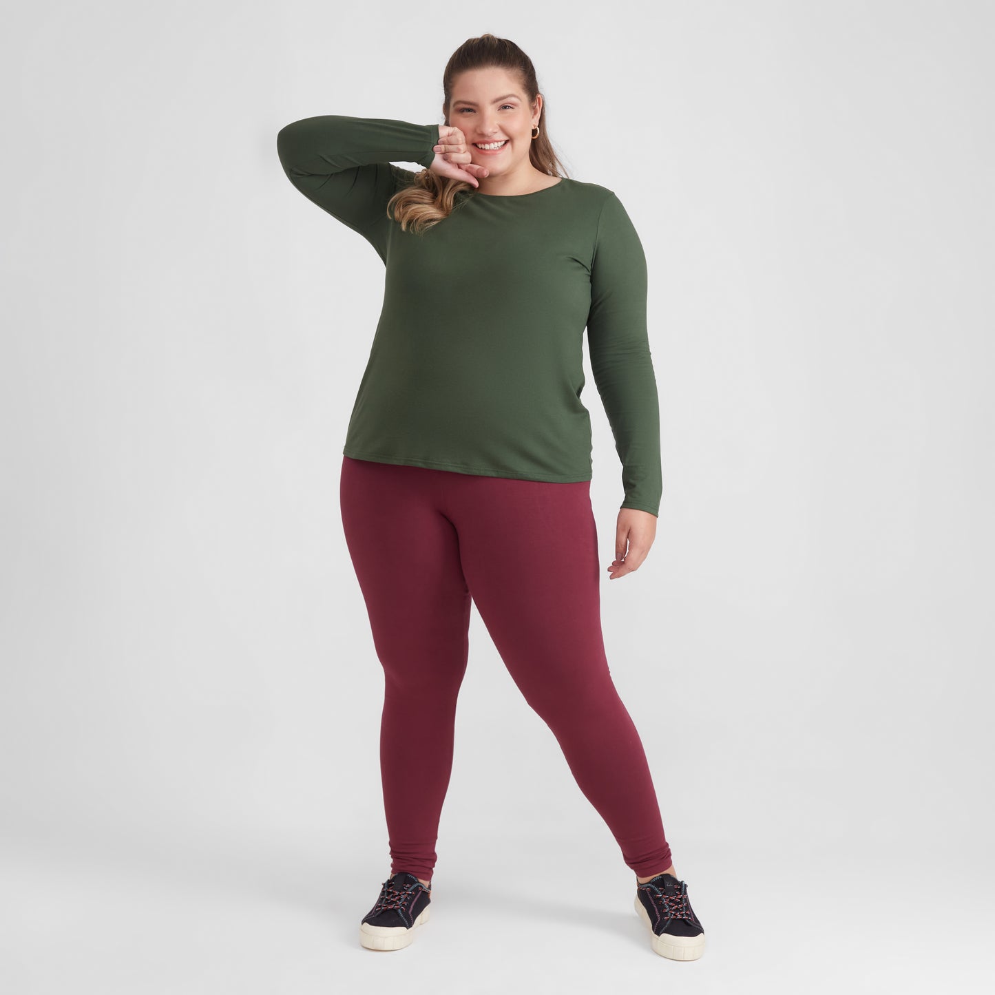 Camiseta Babylook Algodão Premium Manga Longa Gola C Plus Feminina - Verde Selva