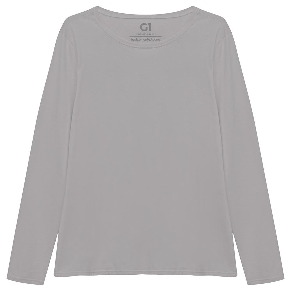 Camiseta Babylook Algodão Premium Manga Longa Gola C Plus Feminina - Cinza Areia