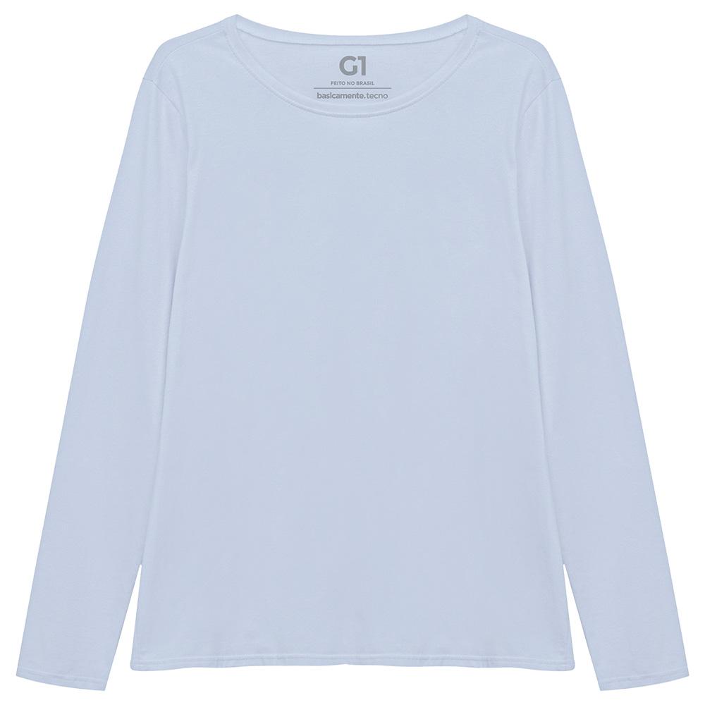 Camiseta Babylook Algodão Premium Manga Longa Gola C Plus Feminina - Azul Capri