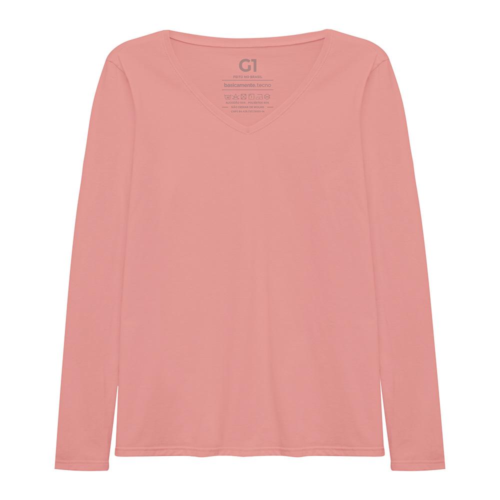 Camiseta Slim Gola V Manga Longa Plus Feminina - Rose