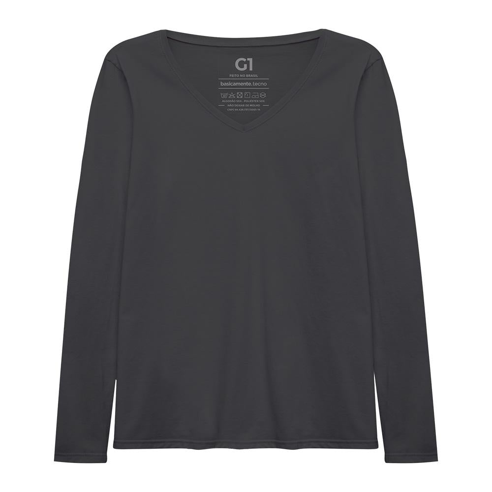 Camiseta Slim Gola V Manga Longa Plus Feminina - Cinza Ardósia
