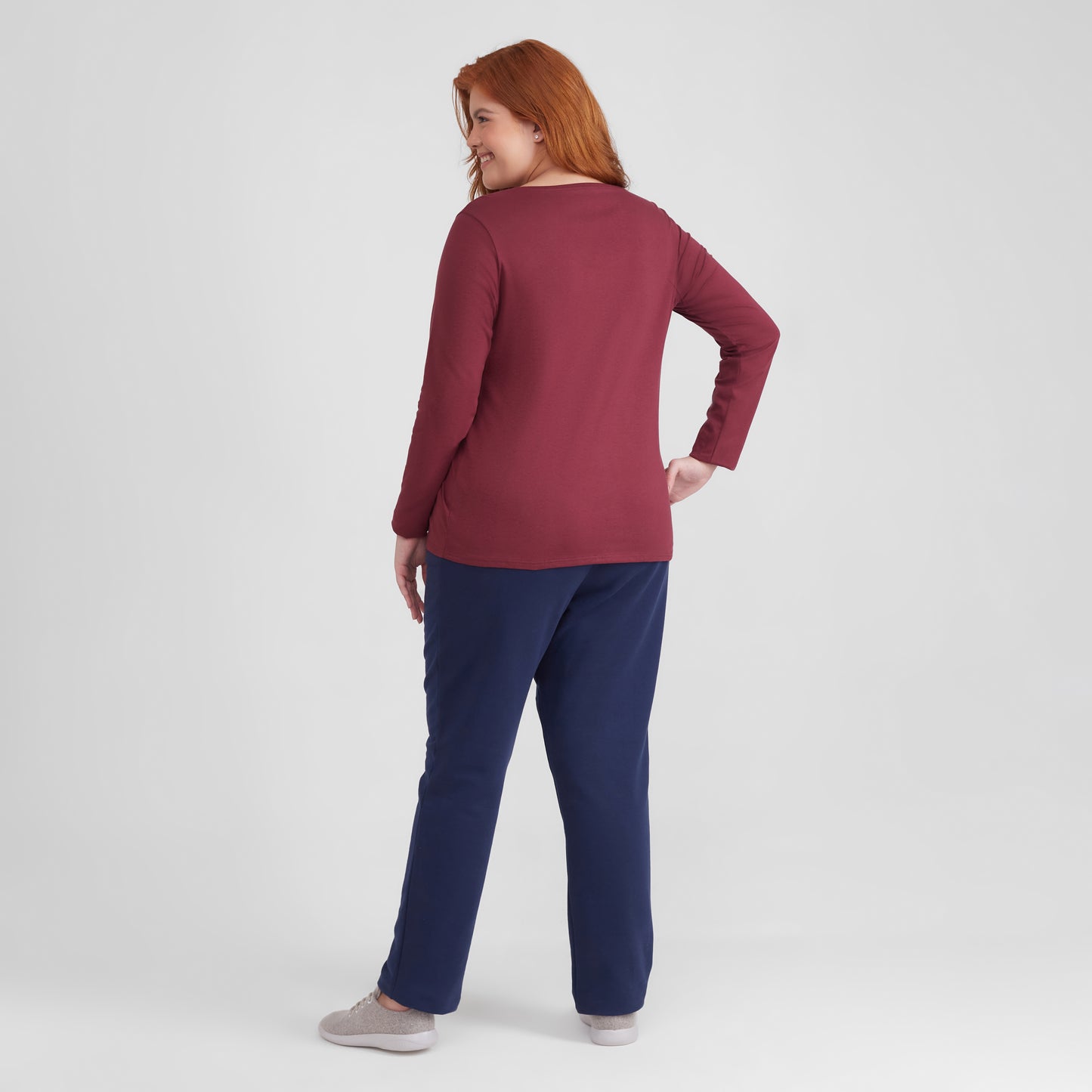Camiseta Slim Gola V Manga Longa Plus Feminina - Vermelho Vinho