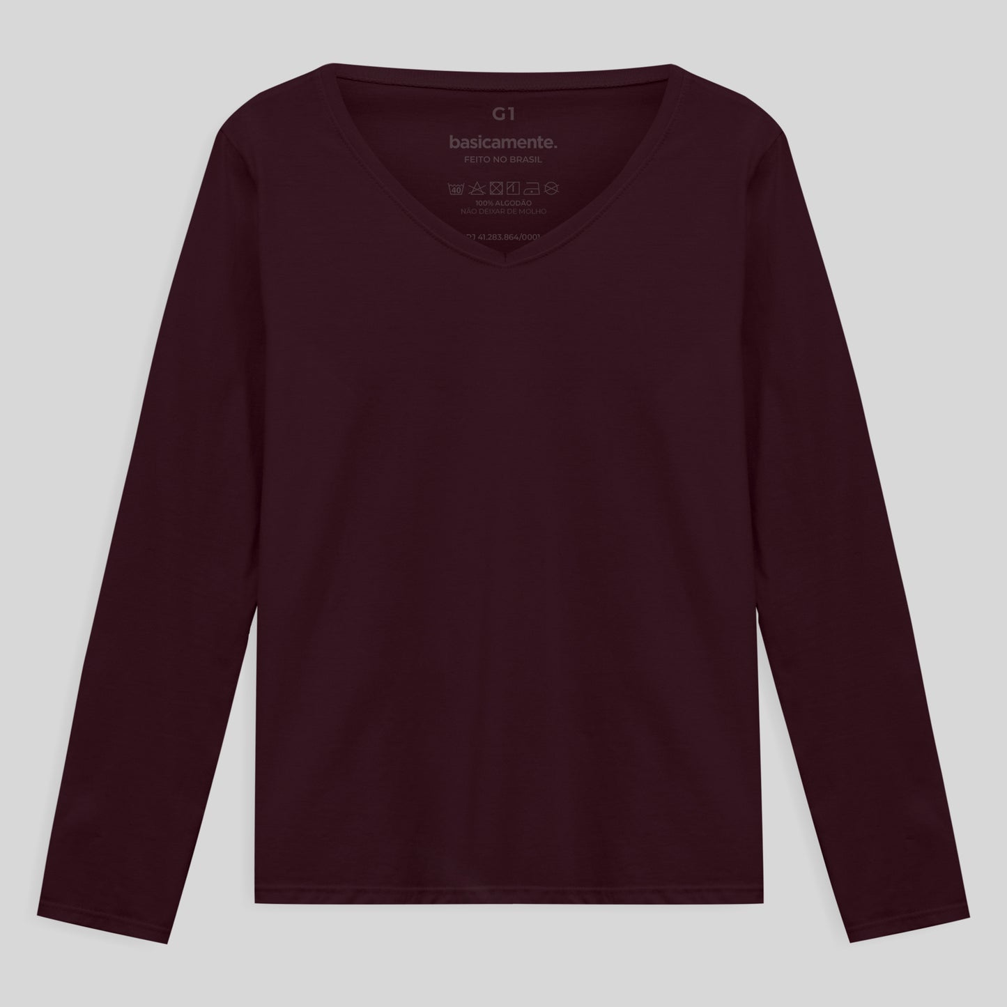Camiseta Slim Gola V Manga Longa Plus Feminina - Vermelho Vinho