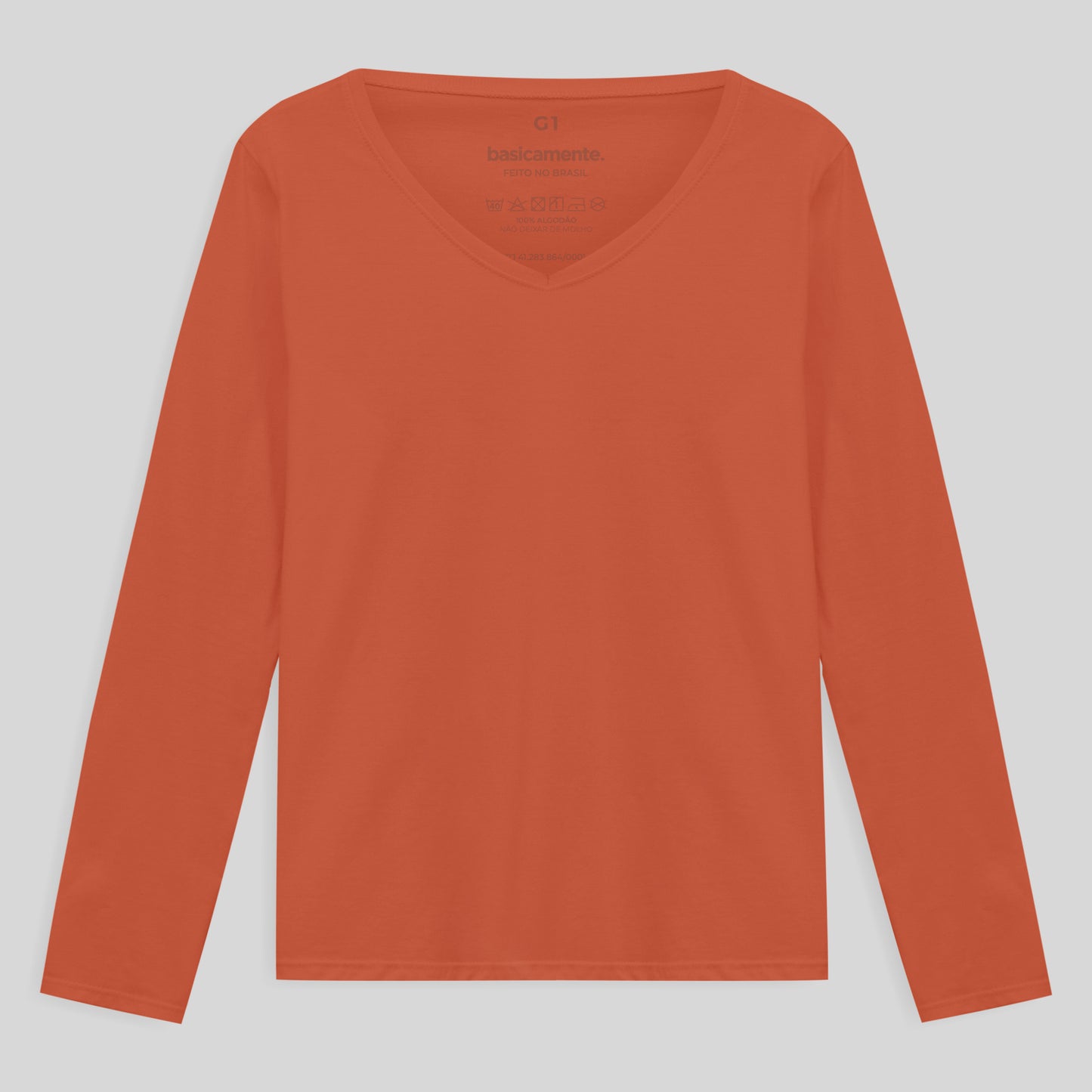 Camiseta Slim Gola V Manga Longa Plus Feminina - Laranja Coral