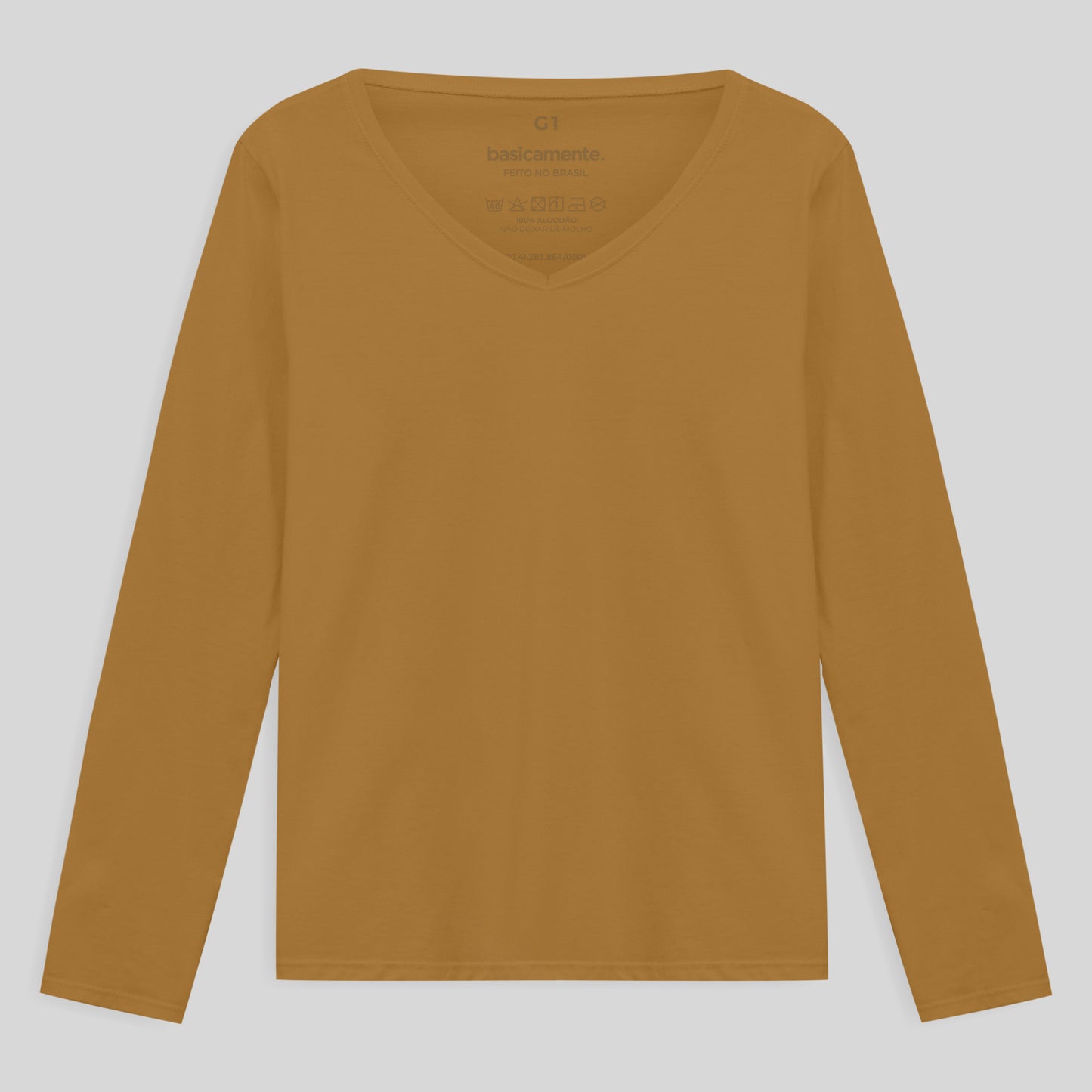 Camiseta Slim Gola V Manga Longa Plus Feminina - Ocre