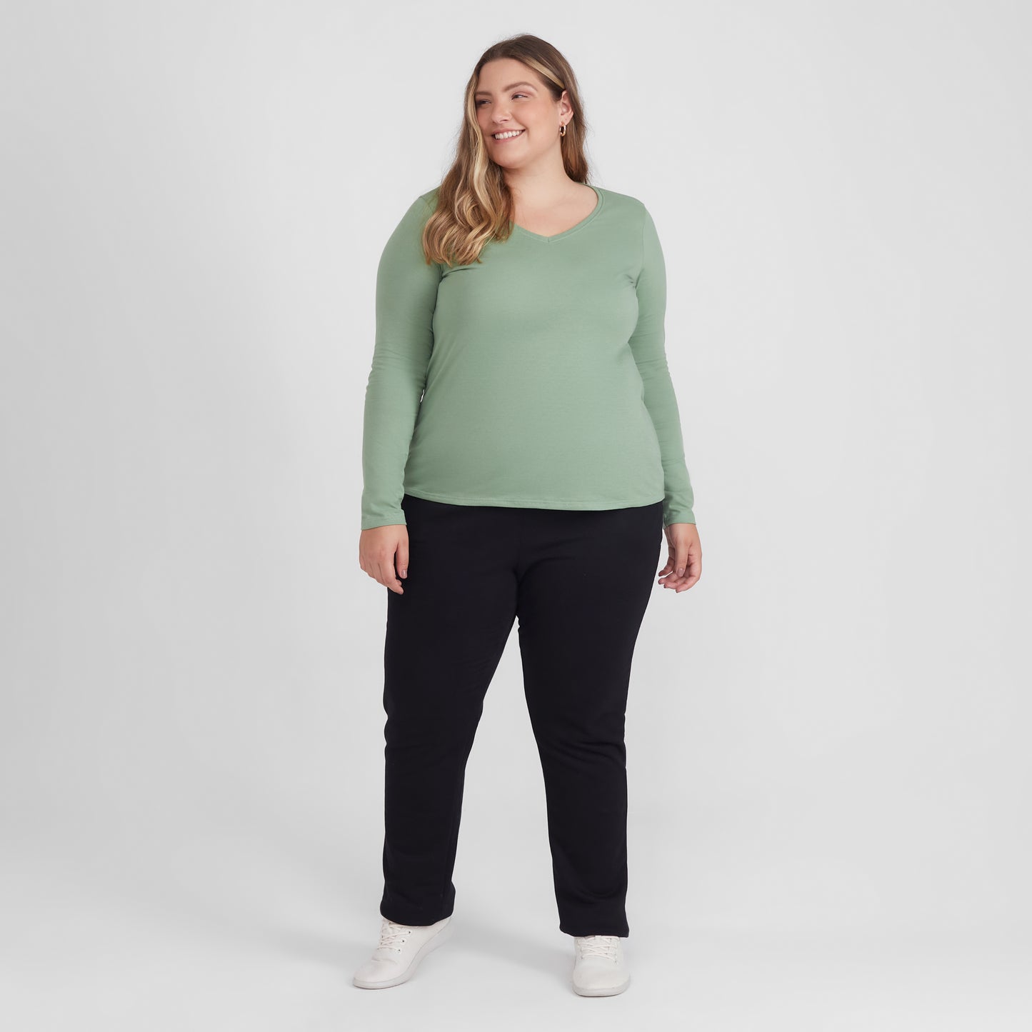 Camiseta Slim Gola V Manga Longa Plus Feminina - Verde Jade