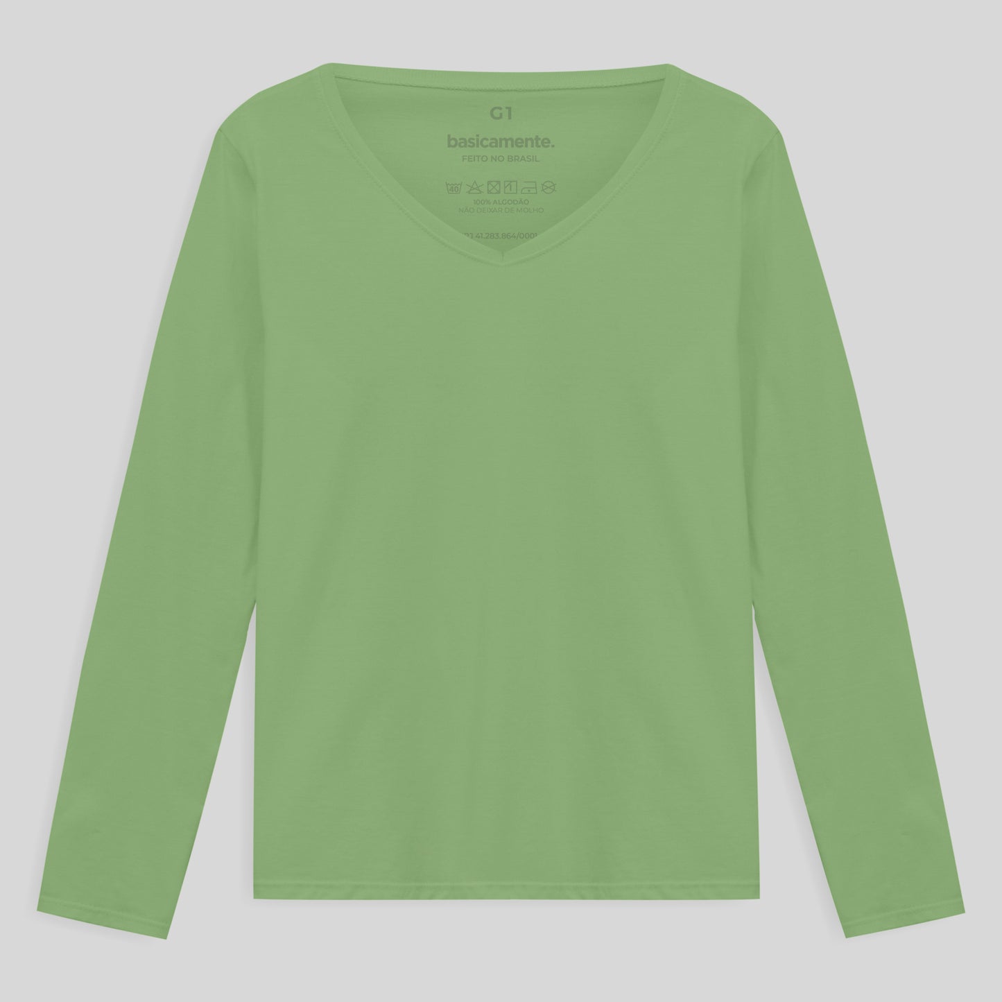 Camiseta Slim Gola V Manga Longa Plus Feminina - Verde Jade