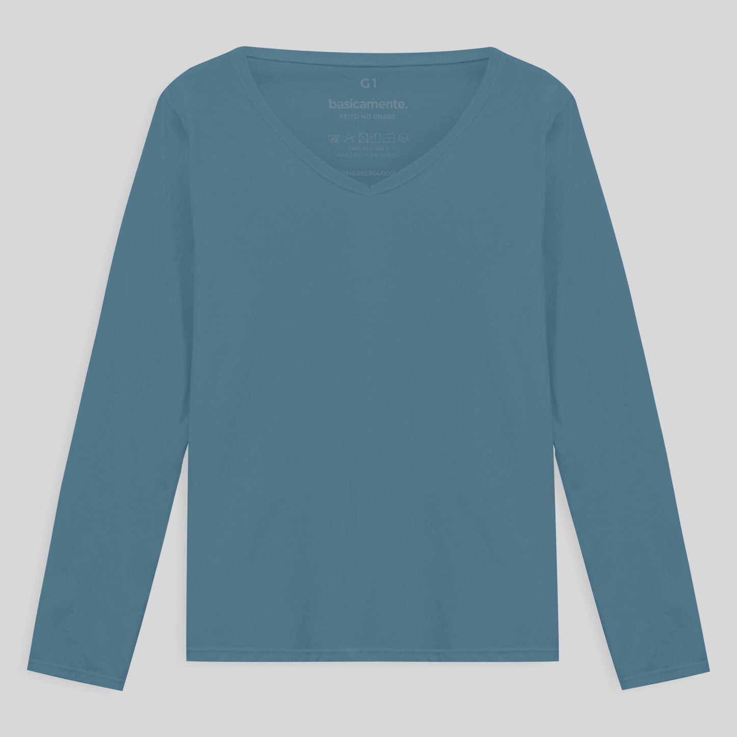 Camiseta Slim Gola V Manga Longa Plus Feminina - Azul Celeste