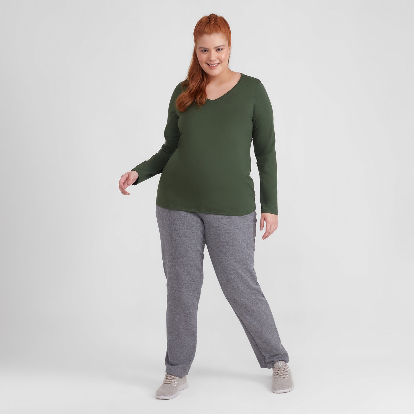 Camiseta Slim Gola V Manga Longa Plus Feminina - Verde Selva