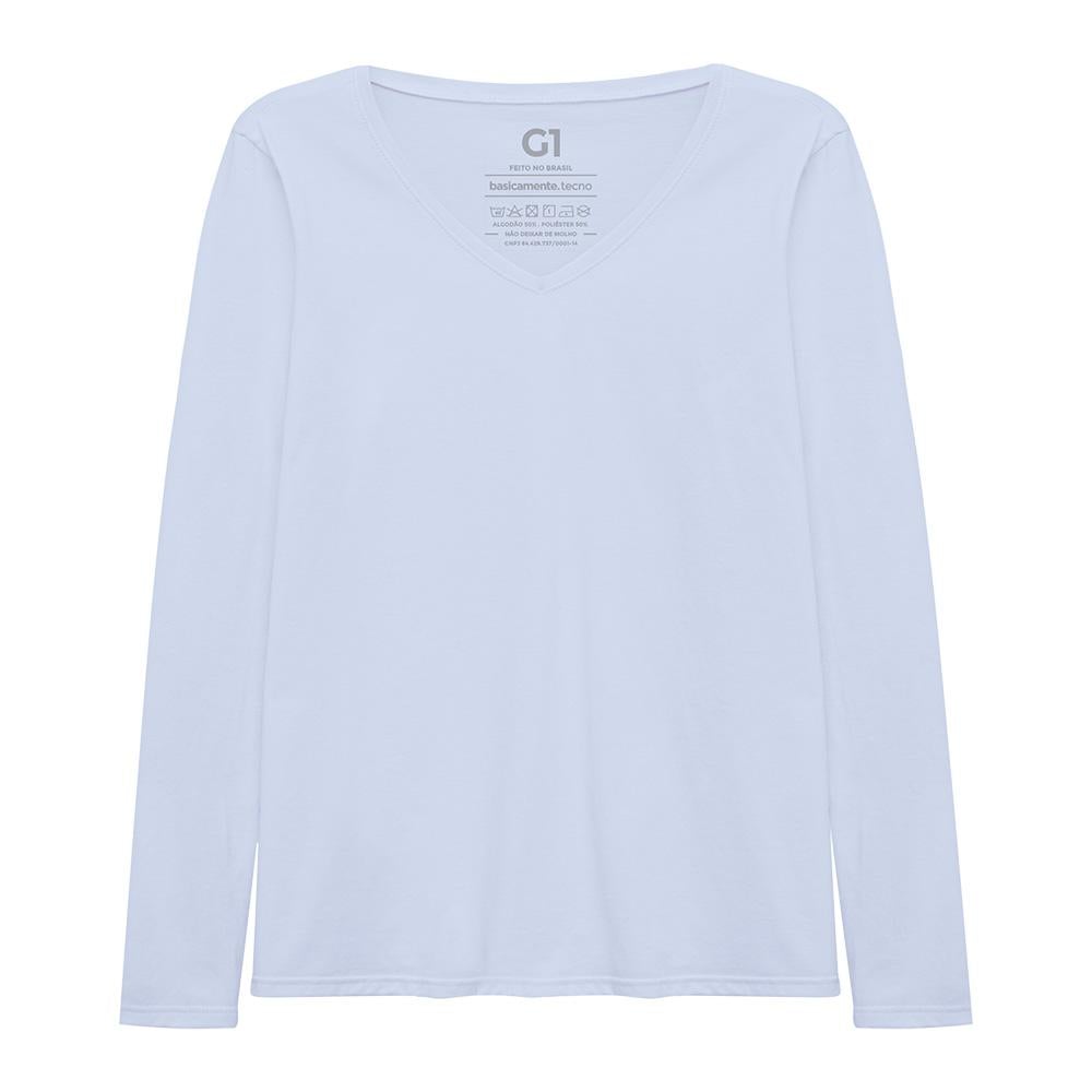 Camiseta Slim Gola V Manga Longa Plus Feminina - Azul Capri