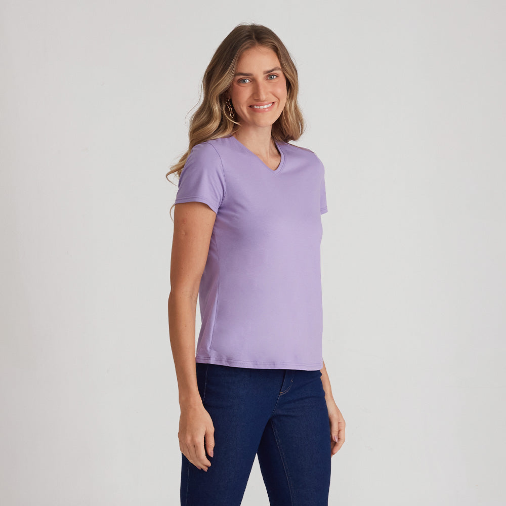 Camiseta Básica Gola V Feminina - Lilás