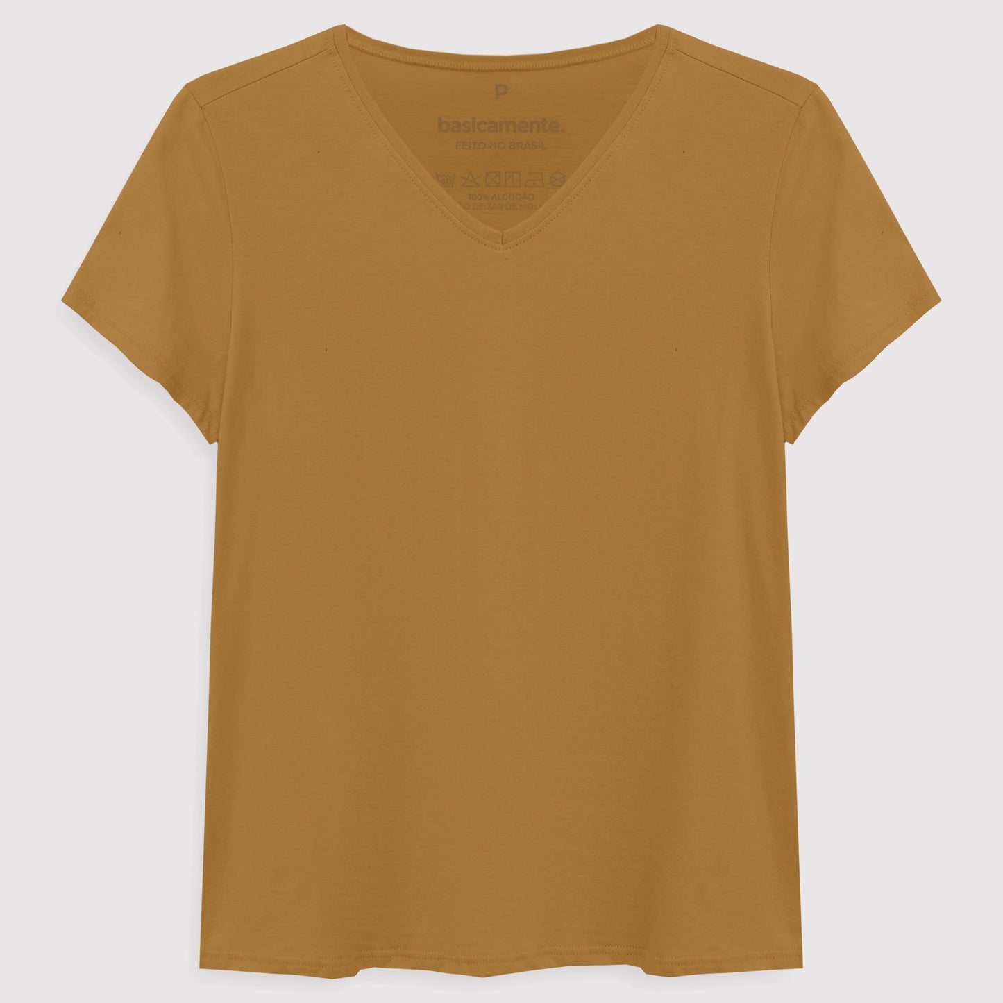 Camiseta Básica Gola V Feminina - Ocre