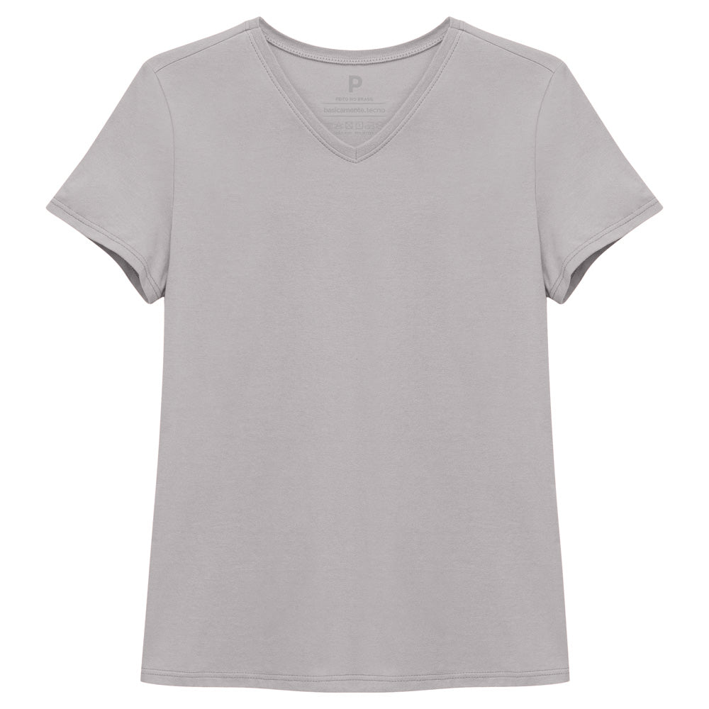 Camiseta Básica Gola V Feminina - Cinza Areia