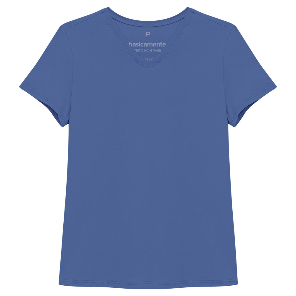 Camiseta Básica Gola V Feminina - Azul Oceano