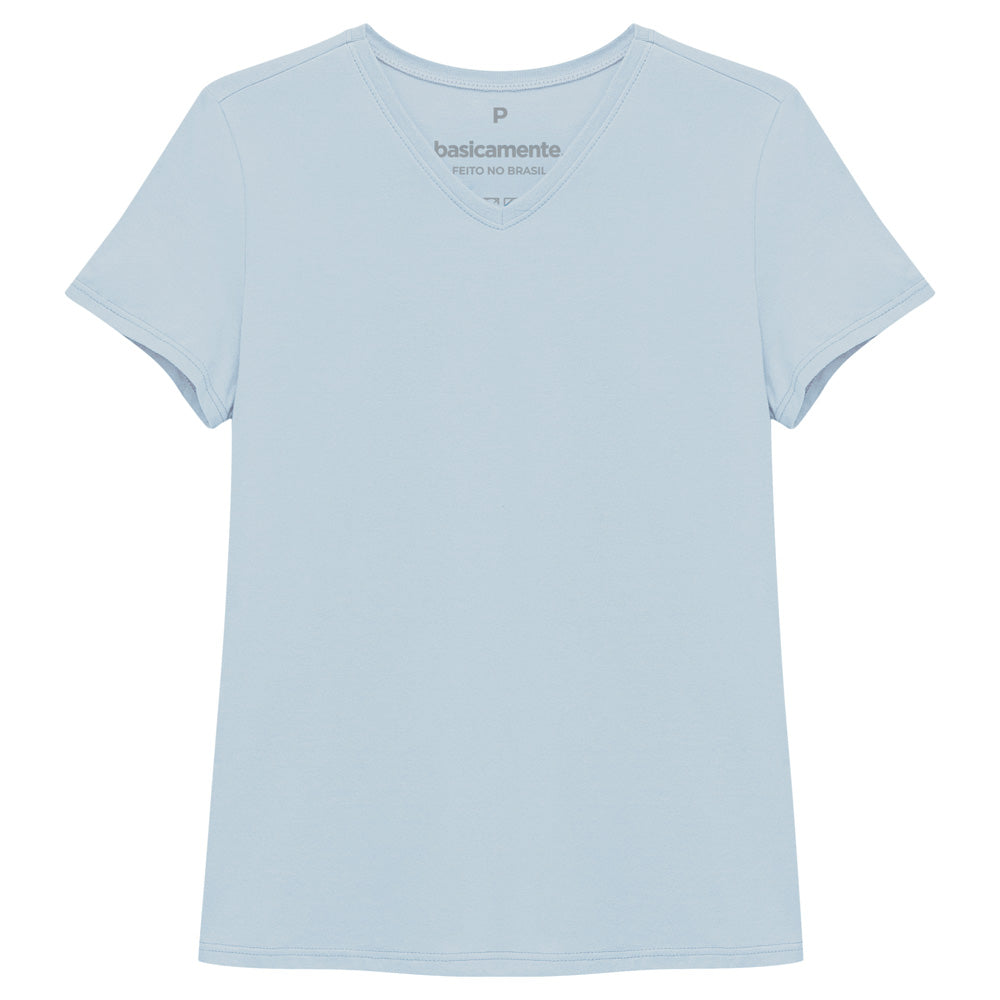 Camiseta Básica Gola V Feminina - Azul Ceu